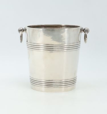 silver plated ice bucket with handles on a white background