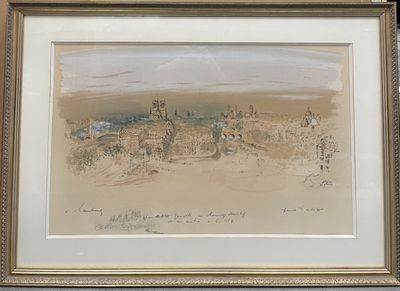 an image of a drawing of a beach scene in a gold frame