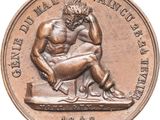 an image of a bronze coin with a man sitting on a bench