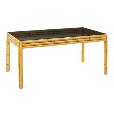 une image représentant une table en bambou avec un plateau en verre, sur fond blanc