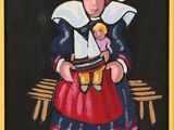 painting of a woman in a red dress holding a doll and a sailboat