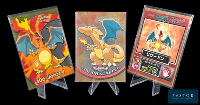Trois cartes à collectionner Pokémon sont représentées sur un fond noir
