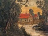 une peinture à l'huile représentant une maison au bord d'une rivière, avec un toit rouge