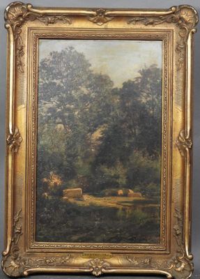 un tableau représentant un paysage boisé avec des vaches qui paissent dans un pré