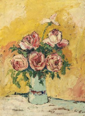 a painting of roses in a vase on a table