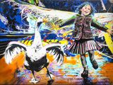 a painting of a little girl standing next to a bird