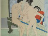 an image of a painting of two women and a man on a bench