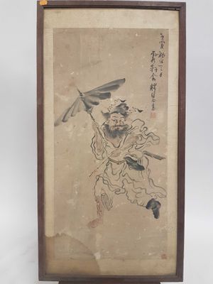 une ancienne peinture chinoise représentant un homme avec un dragon sur le dos