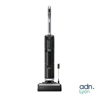 a close up of a black and silver vacuum cleaner on a white background