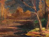 une peinture d'un arbre au milieu d'un champ