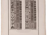 a black and white drawing of two doors with decorative designs on them