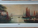 a picture of a painting of boats on the water