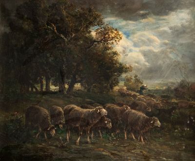 un tableau représentant un troupeau de moutons dans un champ
