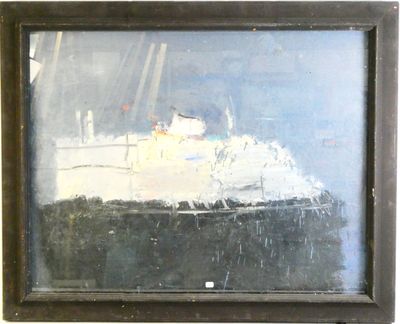 an oil painting of a boat in a body of water with a sky in the background