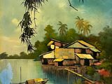 a painting of a house on the shore of a lake
