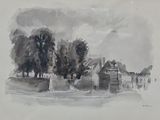 drawing of a house with trees in front of it on a cloudy day