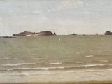 a picture of a painting of a beach with a boat in the water