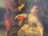 a painting of a boy and a girl in a wooded setting
