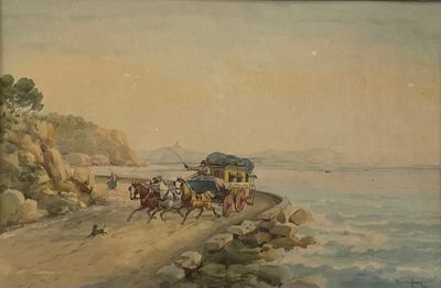 un tableau représentant un groupe de personnes à cheval sur la plage