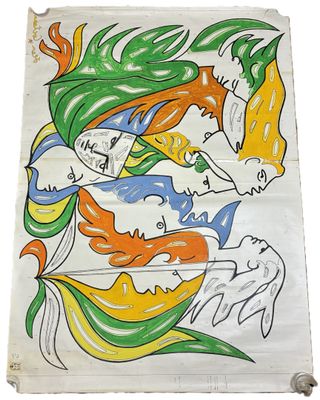 une image représentant une peinture d'une femme et d'un oiseau sur une feuille de papier