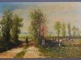 un tableau représentant un homme marchant sur un chemin de terre en compagnie de vaches