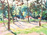 tableau représentant une route de campagne dans les bois, avec des maisons au loin