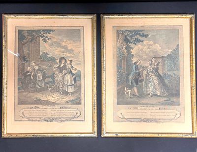 two framed prints of a couple of people in a park