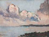 une peinture à l'huile représentant un ciel nuageux au-dessus d'un plan d'eau