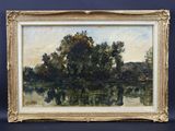 un tableau représentant un paysage fluvial avec des arbres au premier plan