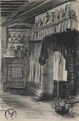 an image of a drawing of a room with a bed and a dresser