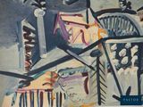 a painting on the wall of a room with chairs and a table
