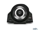 the front view of a black camera with a white background