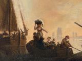 a painting of people on a boat in the water