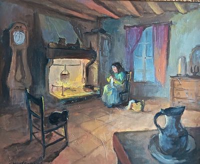 un tableau représentant une femme assise devant une cheminée