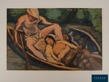 a painting of a man and a woman in a boat