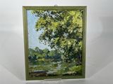 painting of a river scene with trees and a boat in the water