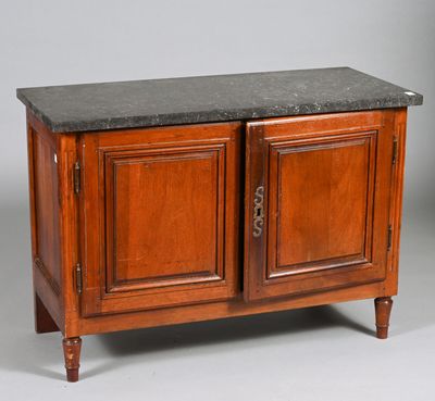 a wooden cabinet with two doors and a black granite top