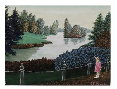 a painting of a woman walking a dog on a leash