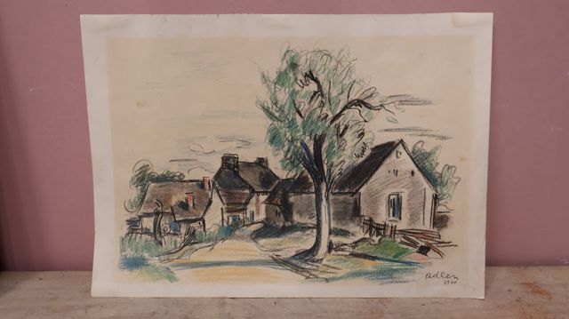 Dessin aux crayons gras et fusain « vue de village » , signé en b...