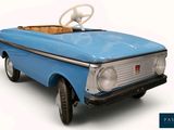 a blue toy car with a steering wheel on a white background