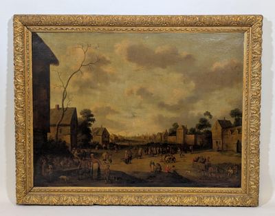 une peinture à l'huile représentant une scène de village avec une calèche au premier plan