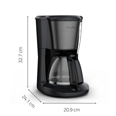 La cafetière est noire et dispose d'une carafe en verre.