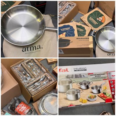 several pictures of a variety of pans and pans in a box