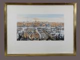 tableau représentant une scène portuaire avec des bateaux et des bâtiments en arrière-plan