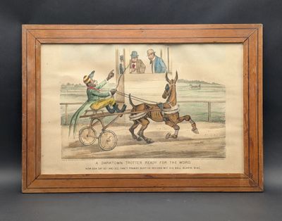 une vieille photo d'une calèche tirée par deux hommes