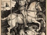 un vieux dessin en noir et blanc représentant un homme à cheval avec un dragon