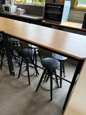tables and stools in a room with a window in the background