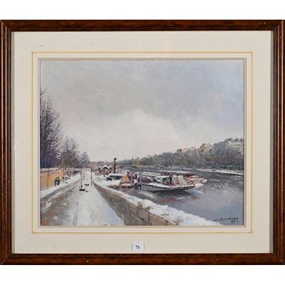 tableau représentant des bateaux sur un canal en hiver, près d'un pont