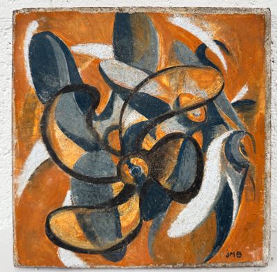 une image représentant un tableau accroché à un mur blanc, aux couleurs orange et bleues