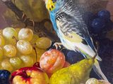 a painting of a bird sitting on a basket of fruit